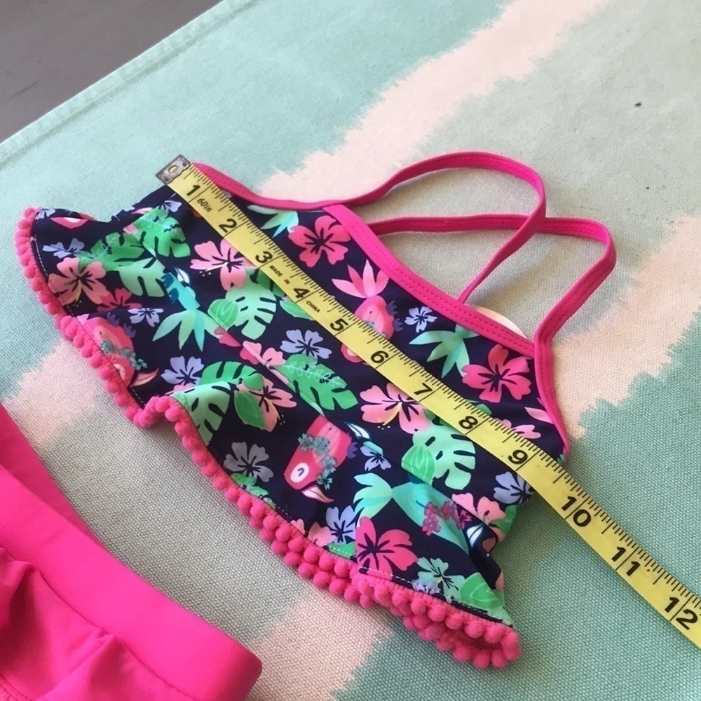Viv & Lou Floral Ruffle Bikini Swimsuit Pom Pom Trim Small